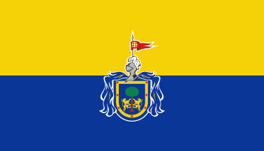 Alternative flag of Jalisco: yellow-blue horizontal bicolor with arms flown in the Club Deportivo Guadalajara A.C.