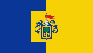 Alternative flag of Jalisco: bglue-yellow vertical bicolor with the coat of arms of Guadalajara on a yellow square