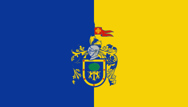 Alternative flag of Jalisco: Blue-yellow vertical bicolor with smaller coat of arms