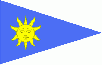 [blue triangular pennant with a yellow sun, having a face and ten rays,
shifted to the hoist.]