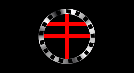 [Black with red double cross inside silver cogwheel]