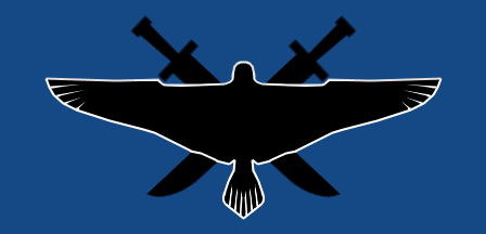 [dark blue with a
white-outlined bird silhouette in black over two crossed black
short-swords or machetes]