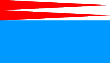 [The main flag is light blue and the streamers, two of them, are red.]