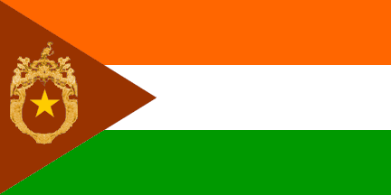 [orange, white & green horizontal bands, brown triangle with COA]