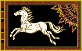 [Tolkien shop reproduction of the movie's version of rohan's flag]