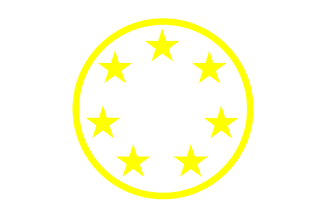 [Seven yellow five-pointed regular stars upright set in circle
(one star centered top) within a yellow ring all on white background]
