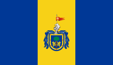 Alternative flag of Jalisco: blue-yellow-blue vertical triband with the 1989 state's arms