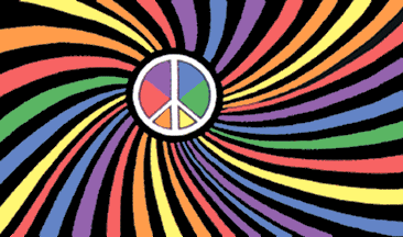 [Peace sign on swirled rainbow field]