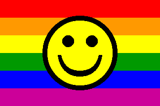 [Rainbow flag with smiley face]