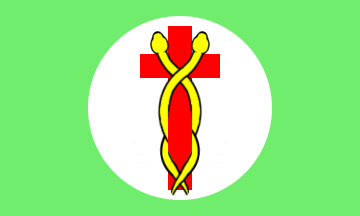 [green field, white circle centered, red roman cross behind 2
entertwined yellow snakes]