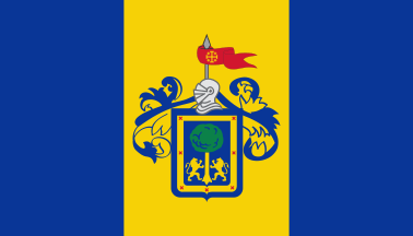 Alternative flag of Jalisco: blue-yellow-blue vertical triband with the arms of Guadalajara