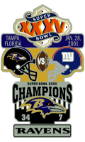 New York Giants/Baltimore Ravens Year 2000 CHAMPIONS 4-Postage Stamp Hat Pins 
