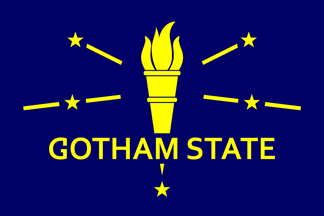 [Very dark blue flag bearing a torch with rays and stars, and the name, all yellow).]