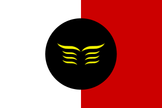 [red and white with a seal centered]