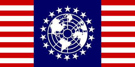 [Blue, flag-high,centered square, with stripes on both sides, on the blue a UN-like globe surrounded by stars]