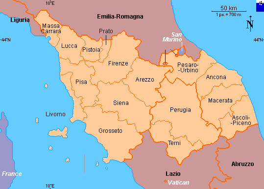 Clickable map of Toscana + Umbria + Marche (Italy)